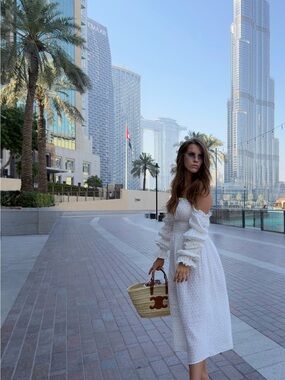 Sleeper White Off-the-Shoulder Eyelet Midi Dress
